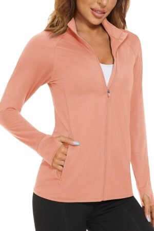 Women's lightweight athletic jacket UV protection full zip outdoor pocket workout shirt