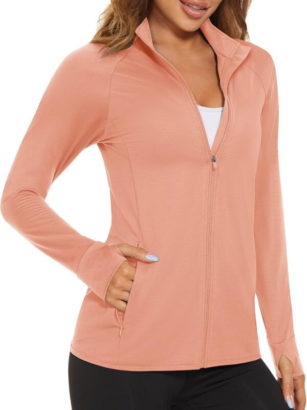 Women's lightweight athletic jacket UV protection full zip outdoor pocket workout shirt