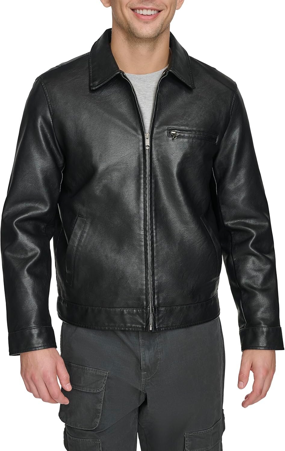 Men’s Faux Leather Racer Jacket with Laydown Collar