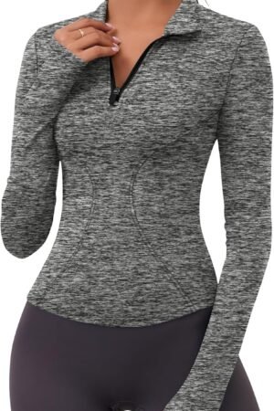 Women's long sleeve quick-dry quarter-zip crop athletic yoga slim fit workout shirt