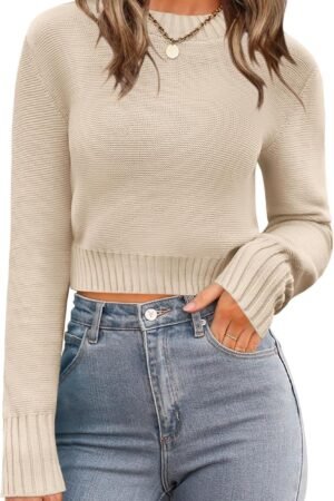 Women’s Cropped Ribbed Knit Sweater Long Sleeve Casual Pullover
