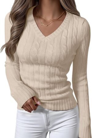 Women’s Long Sleeve Cable Knit V Neck Sweater Casual Pullover Top