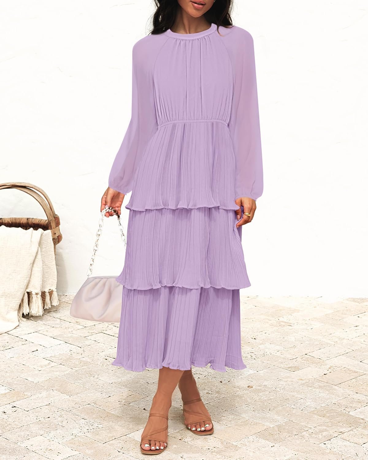 Women’s Long Sleeve Crew Neck Tiered Chiffon Midi Dress - Image 2