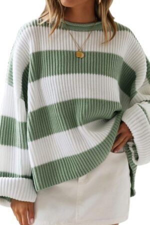 Women’s Oversized Striped Color Block Knit Crew Neck Sweater