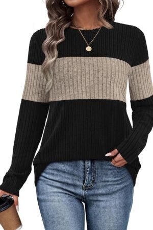 Women’s Trendy Color Block Long Sleeve Knit Sweater Top