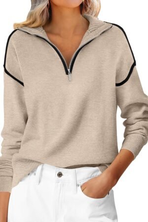 Women’s Quarter Zip Knit Sweater Long Sleeve Collared Casual Pullover